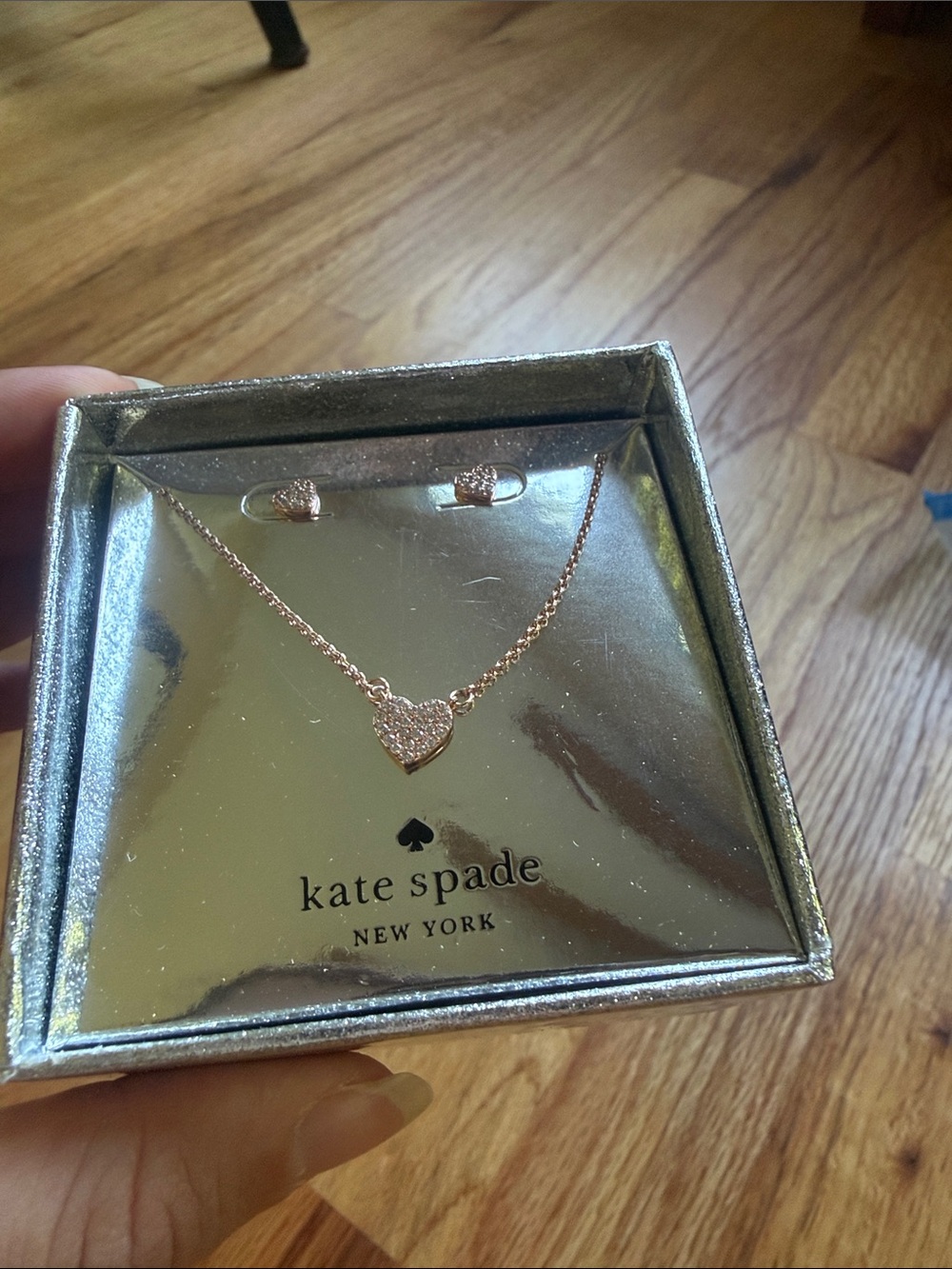 kate spade yours truly Rose Gold Pave Heart Necklace and Studs earrings NIB
